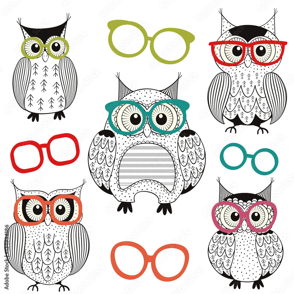 Fototapeta premium set of isolated owls with glasses - vector illustration, eps