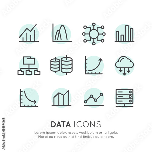 Vector Icon Style Illustration Logo Set of Isolated Simple Elements with Database analytics information technology digital processing