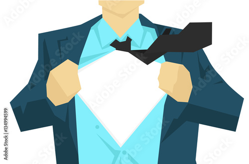 Office worker with superpower under suit concept. Hands tearing t-shirt vector illustration