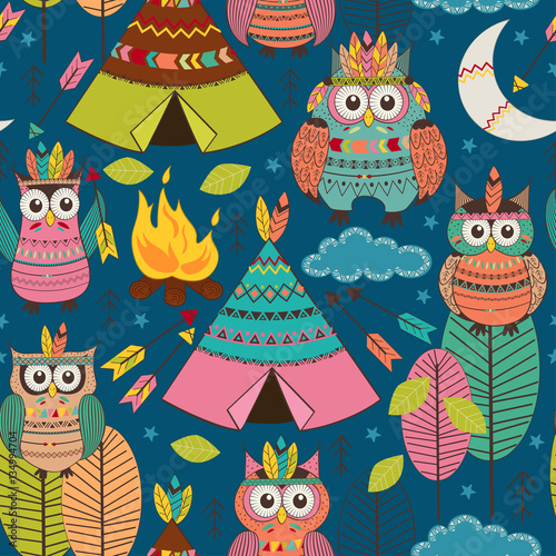 seamless pattern with tribal owls night- vector illustration  eps  