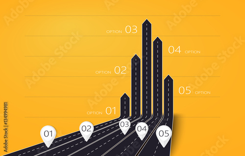 Modern 3D arrow roads map of business and journey infographic with five options for brochure, diagram, workflow, timeline, web design. Vector EPS 10