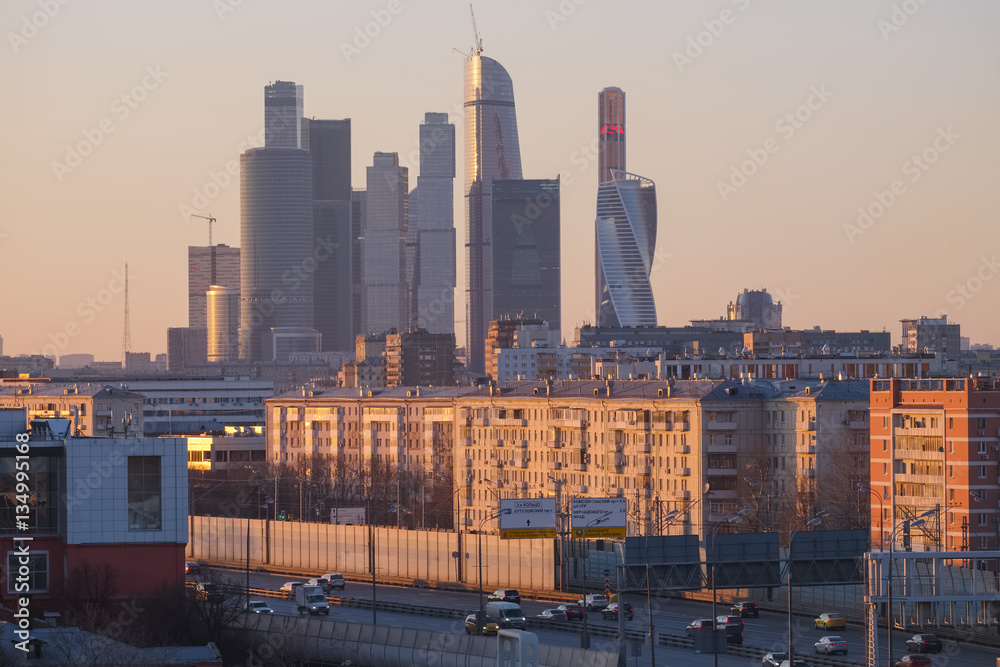 Urban landscape with skyscrapers in the evening at sunset. The view from the observation deck at the skyscrapers in Moscow Moscow City Urban landscape with skyscrapers in the evening at sunset. The view from the observation deck at the skyscrapers in Moscow Moscow City