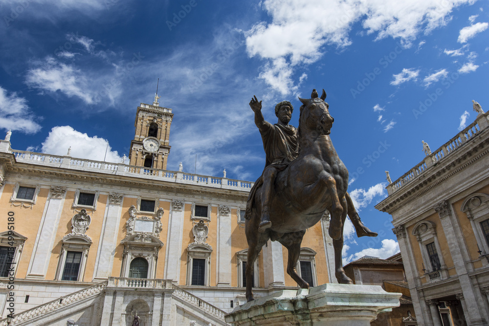 Capitoline Hill in Rome with emperor Marcus Aurelius ancient equestrian statue