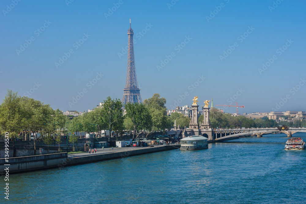 Seine River Embankments and Alexandre III bridge. Paris, France.