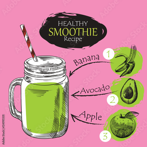 Hand drawn smoothie recipe isolated on blue background. Banana, apple, avocado smoothie sketch elements. Eco healthy ingredients vector illustration. Great for poster, banner, voucher, coupon.