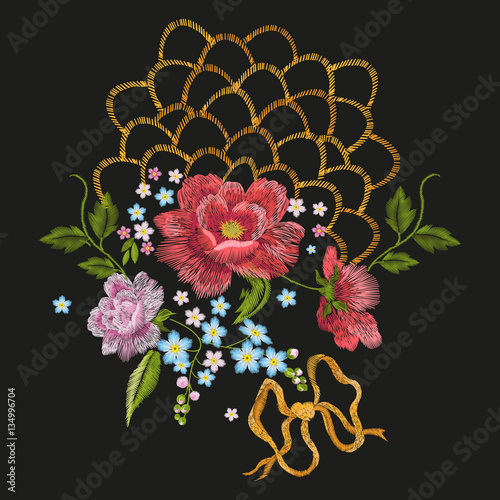 Embroidery colorful trend floral pattern. Vector traditional folk dog roses, forget-me-not flowers with gold lace and bowknot ornament on black background.