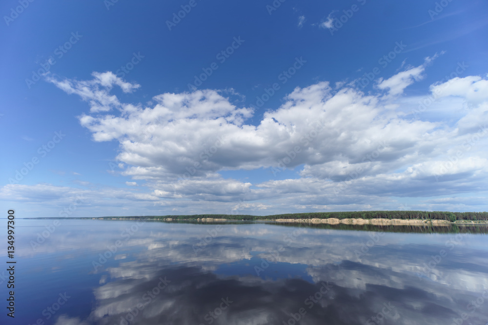 River view with clouds reflected in it, Volga, Russia