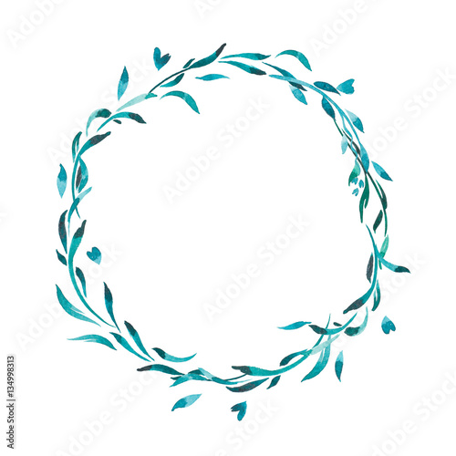 Watercolor illustration. Simple wreath of green rustik leaves