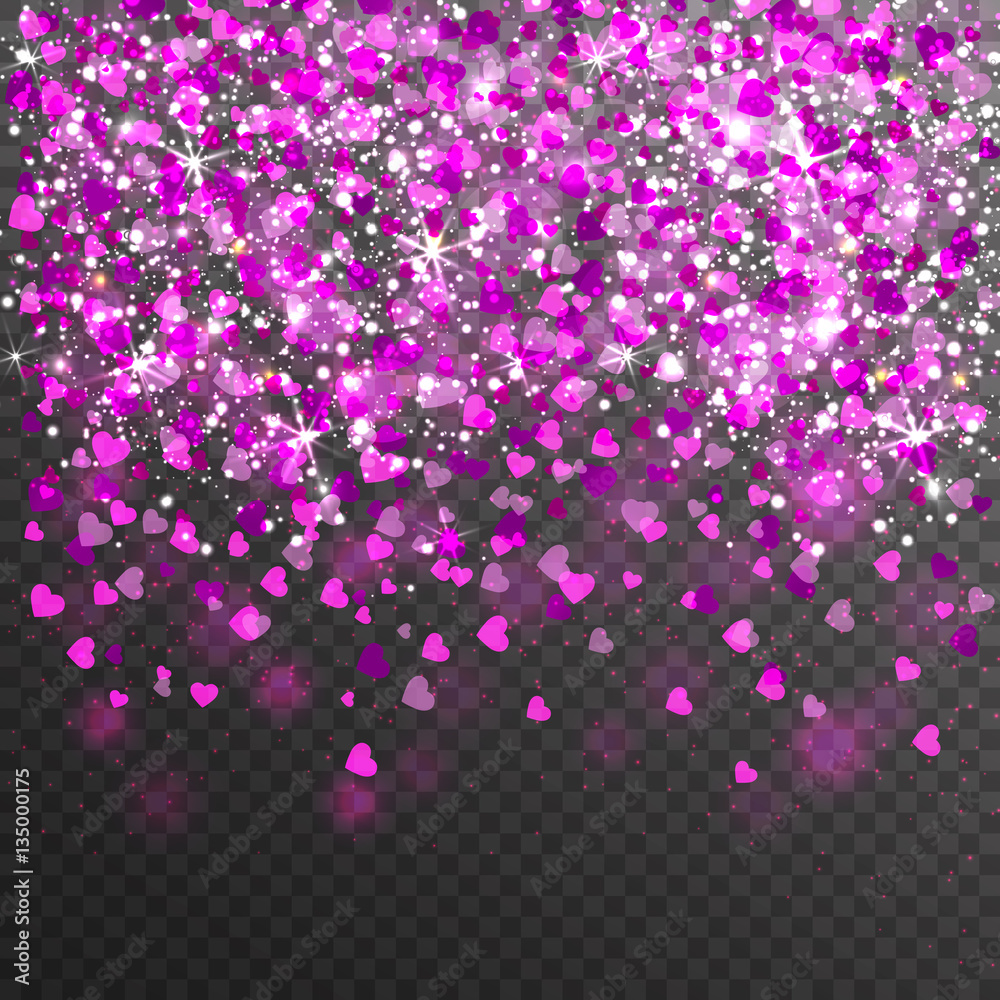 Pink heart confetti with sparkles for Valentine day background.