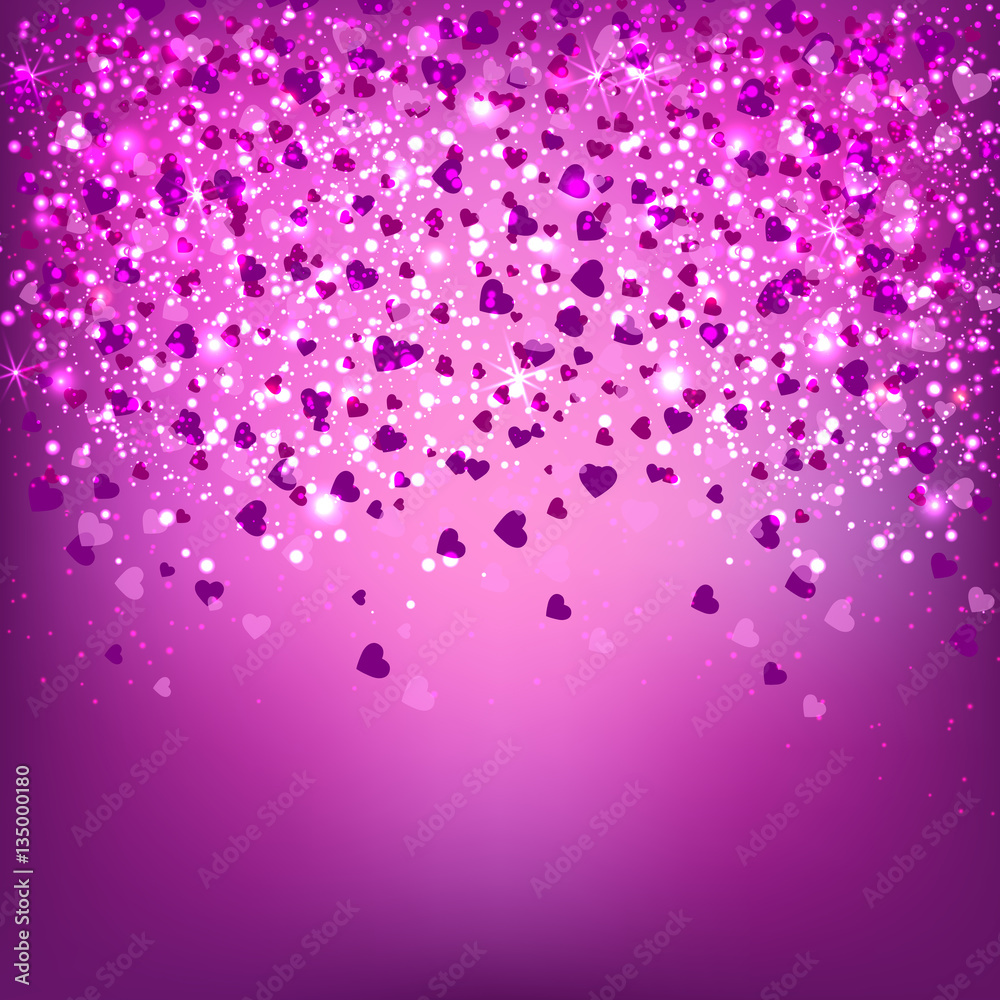 Pink heart confetti with sparkles for Valentine day background.