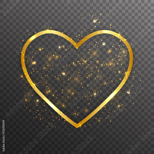 Gold paper heart with lights isolated on transparent background.