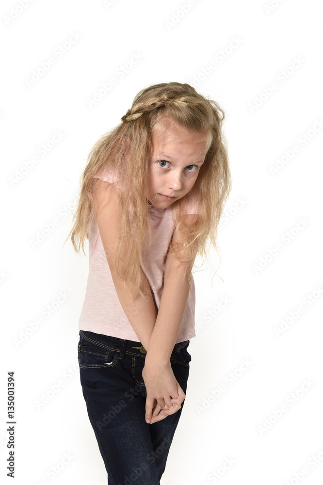 sweet little child girl with beautiful blonde hair in casual clothes looking shy and timid as if scared sweet little child girl with beautiful blonde hair in casual clothes looking shy and timid as if scared