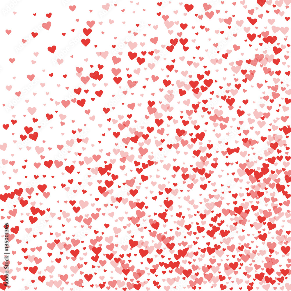 Red hearts confetti. Abstract random scatter on white valentine background. Vector illustration.