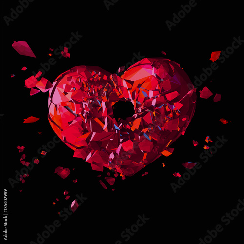 Polygonal broken heart with shot hole on dark BG