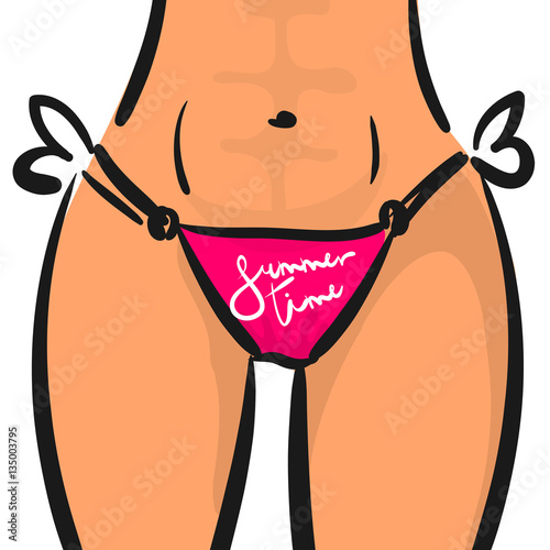 Summer Time lettering poster card. Slim sexy comic cartoon woman in bathing suit panties from front sports figure. Vector illustration.