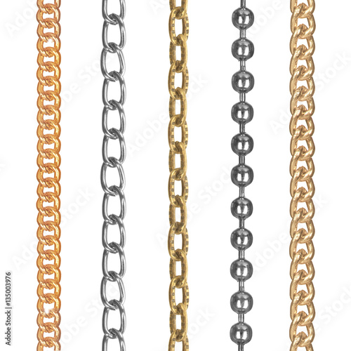 The set of chains close up of different metals isolated on white