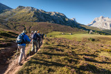 Picos, Spain - Group of hikers climb mountain foothills