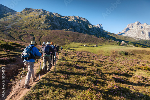 Picos, Spain - Group of hikers climb mountain foothills