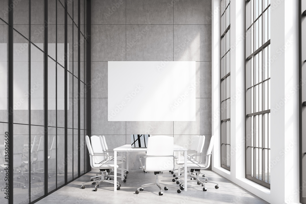 Narrow meeting room with poster