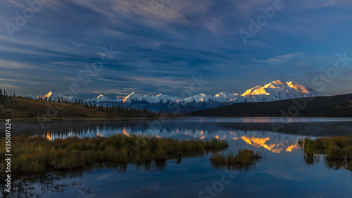 AUGUST 29, 2016 - Mount Denali at Wonder Lake, previously known as Mount McKinley, the highest mountain peak in North America, at 20, 310 feet above sea level. Located in the Alaska Range, Denali National Park and Preserve, Alaska - shot at Sunrise.