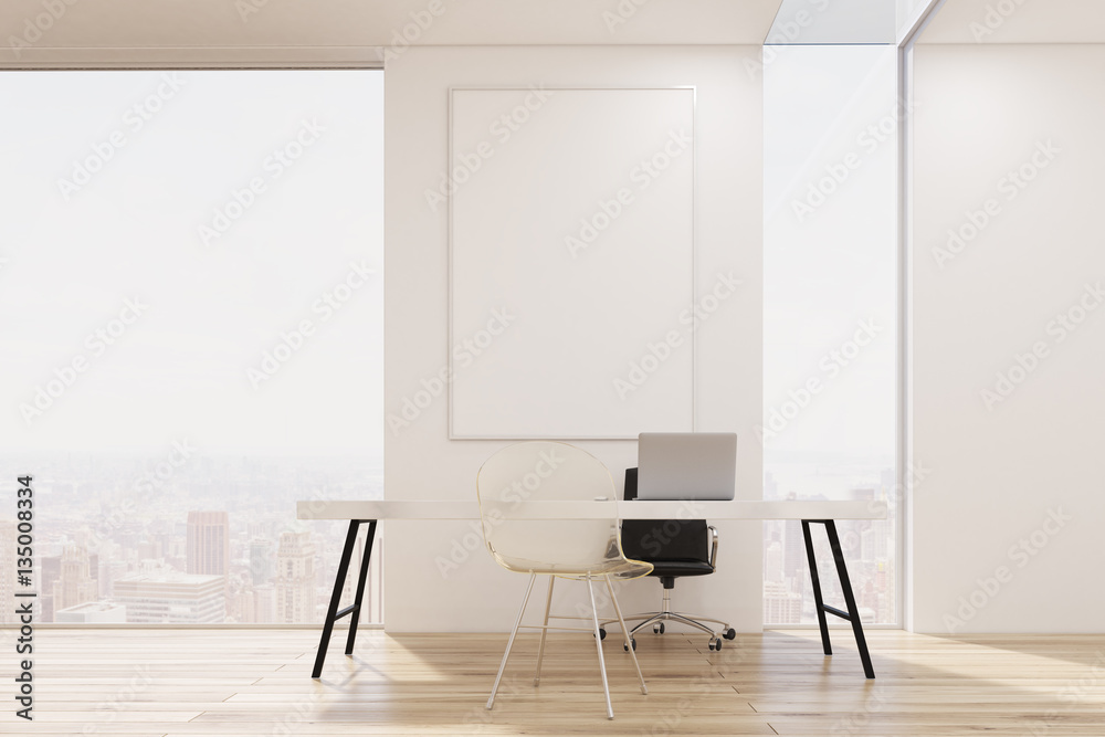 White office with a narrow and a wide window, large table with a laptop and a transparent visitor's chair. Poster. 3d rendering. Mock up White office with a narrow and a wide window, large table with a laptop and a transparent visitor's chair. Poster. 3d rendering. Mock up