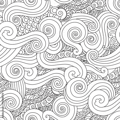 Abstract hand drawn outline wave curl seamless pattern in east asian style isolated on white background.