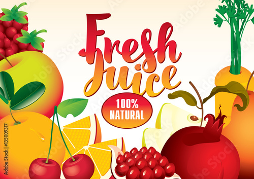 vector banner with different fruits and berries, and fresh juices inscription