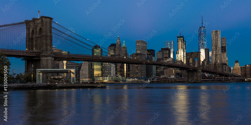 OCTOBER 24, 2016 - BROOKLYN NEW YORK - Brooklyn Bridge and NYC skyline seen from Brooklyn at Sunset