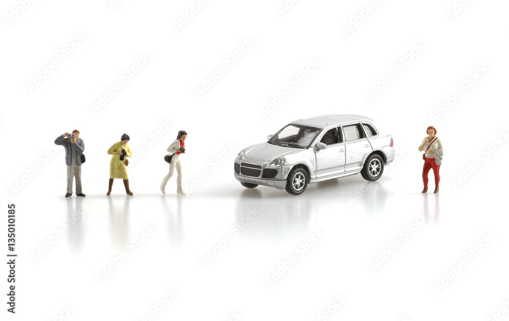 Photographer with friend with car on white background Photographer with friend with car on white background