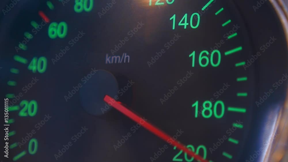 Car speedometer needle is approaching to the maximum value 200 km/h Car speedometer needle is approaching to the maximum value 200 km/h