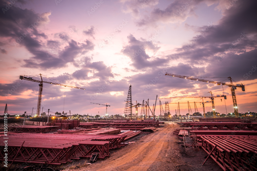 construction site with sunset