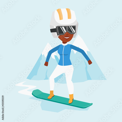 Young woman snowboarding vector illustration.