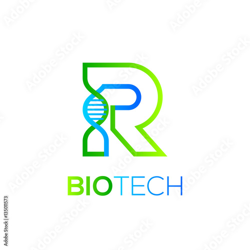 Letter R Green and Blue with abstract biotechnology dna logotype. Medicine, science, laboratory,Technology DNA vector concept