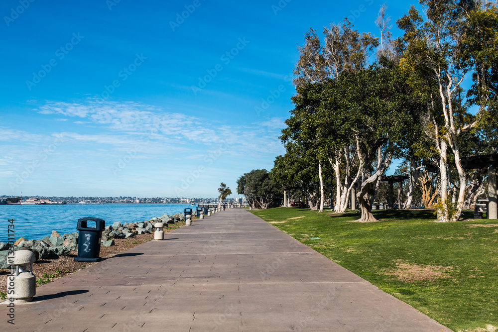 Walkway along the bay through Embarcadero Marina Park North in San Diego, California.