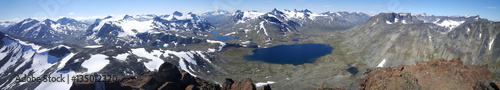 Panorama from lakes and snowy mountains