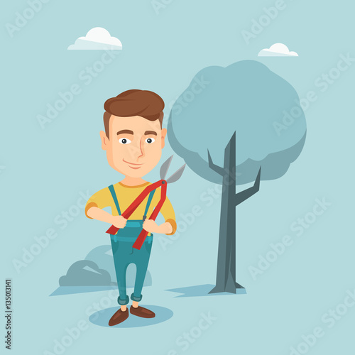 Farmer with pruner in garden vector illustration.