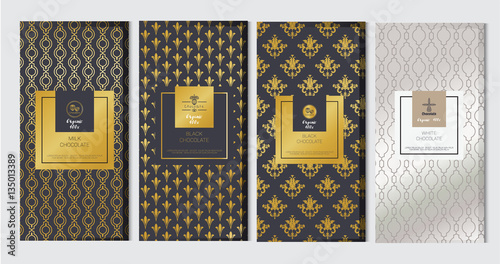 Chocolate bar packaging mock up set. Trendy luxury product branding template with label and geometric pattern. vector 