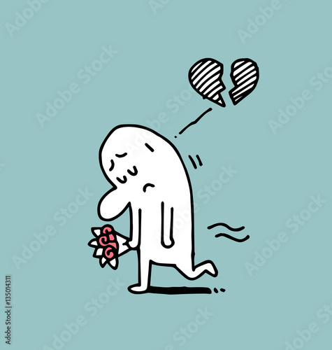 Man sad and broken heart, Simple man, Doodle vector illustration