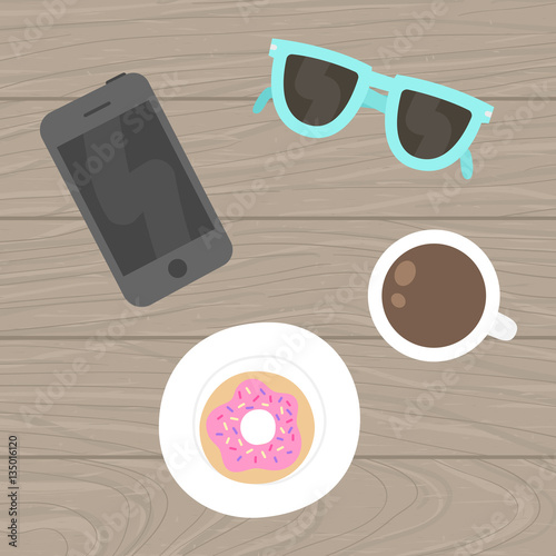 Wooden table from the top. Phone, glasses, cup, donut. Vector hand drawn illustration