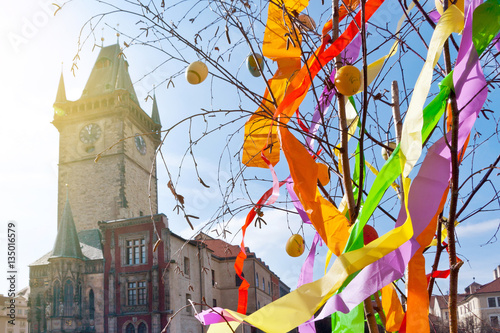 Photography Traditional Czech easter decoration - birch tree maypole on easter market in Pra