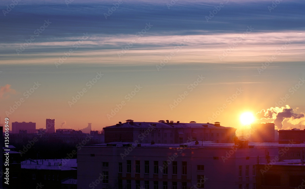 sunrise in the city, winter cityscape