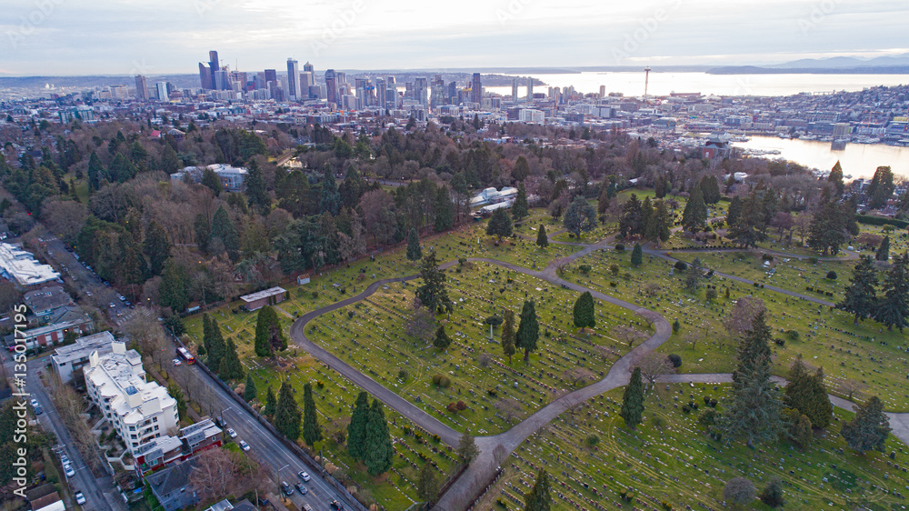 Capitol Hill Lakeview Cemetery Downtown Seattle Aerial View 