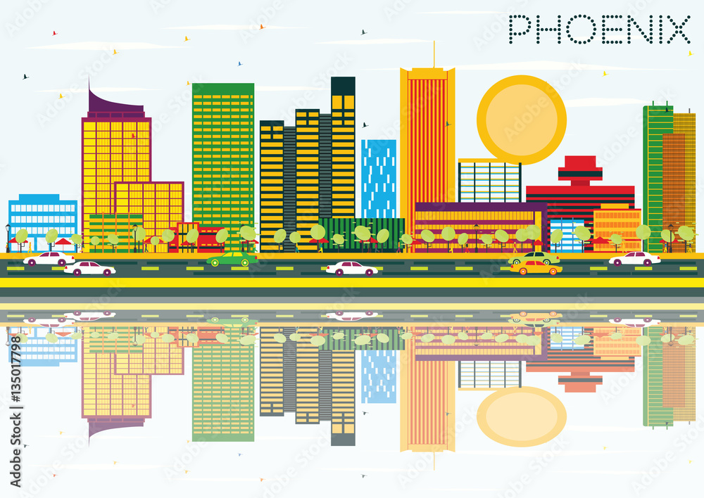 Phoenix Skyline with Color Buildings, Blue Sky and Reflection.