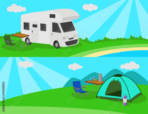 Camp on the meadow. Caravan car and tent. Vector illustration.