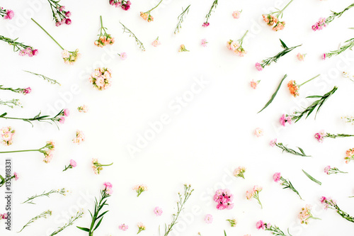 Fototapeta Naklejka Na Ścianę i Meble -  Frame with pink and beige wildflowers, green leaves, branches on white background. Flat lay, top view. Valentine's background