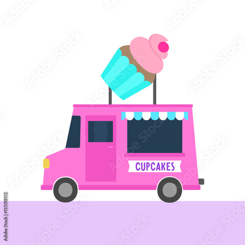 Truck with cupcakes. Street food. Vector hand drawn illustration. 