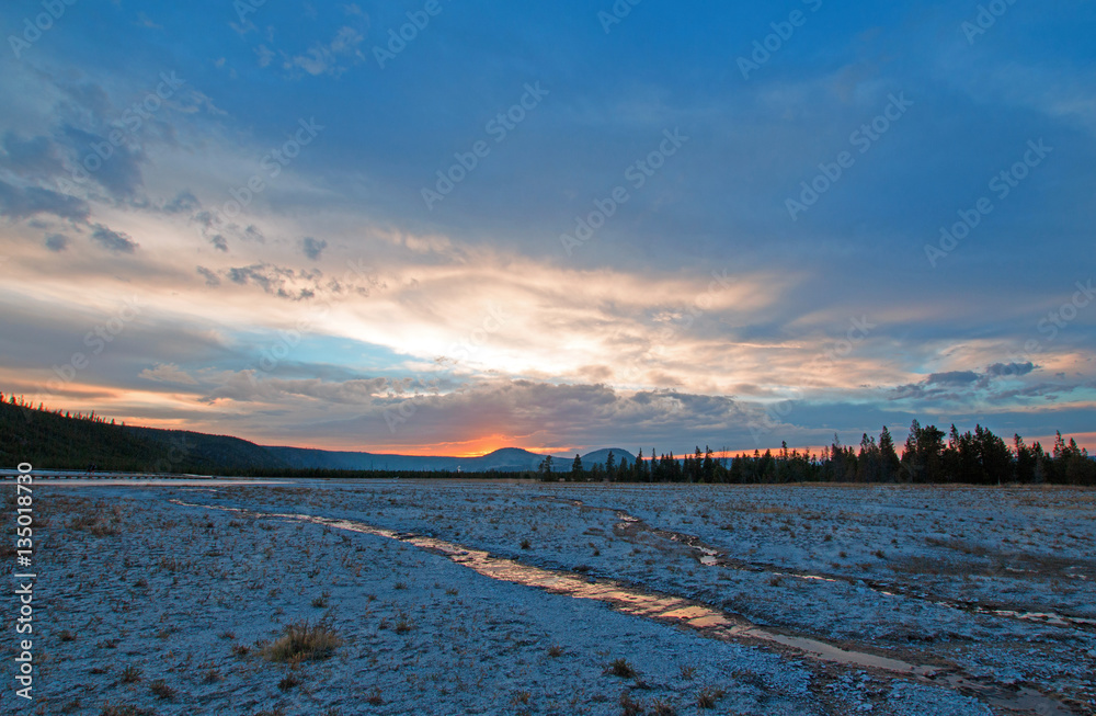 Midway Geyser Basin at sunset in Yellowstone National Park in Wyoming USA