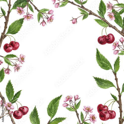 floral frame with cherry tree branches, flowers, leaves and berries