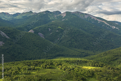 Kronotsky Nature Reserve on Kamchatka Peninsula. View from helicopter.