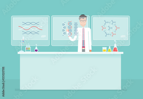 scientists research in laboratory lab concept and business man analyze  on monitor.flat vector cartoon design
